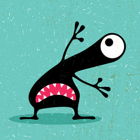 Cute black monster with emotions on grunge aqua blue background. cartoon illustration.のイラスト素材