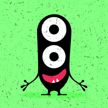 Cute black monster with emotions on grunge green background. cartoon illustration.のイラスト素材
