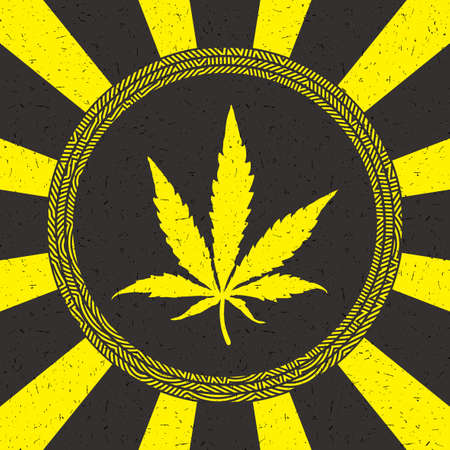 Yellow cannabis leaf in circle with strips on black grunge backgroundのイラスト素材