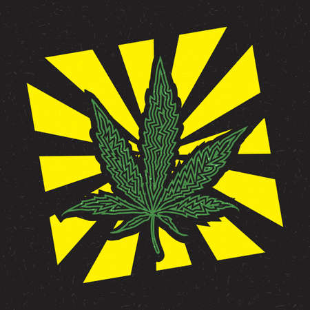 Green cannabis leaf inside yellow strips on grunge black backgroundのイラスト素材