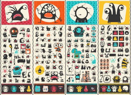 Big set of Cute monsters. Colorful characters stickers. Poster with funny humanoids. Cartoon...