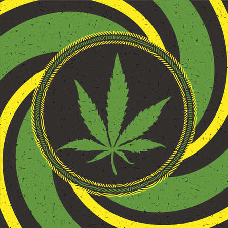 Green cannabis leaf in black circle with strips on grunge backgroundのイラスト素材