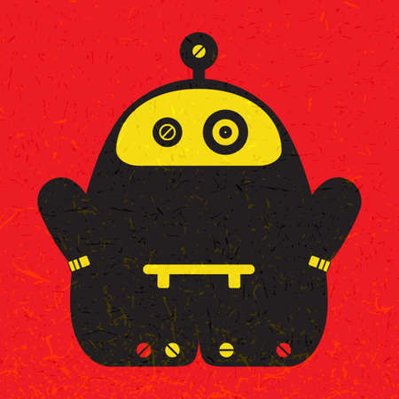 Cute colorful monster on red grunge background. Poster with funny robot. Retro sticker. Cartoon illustrationのイラスト素材