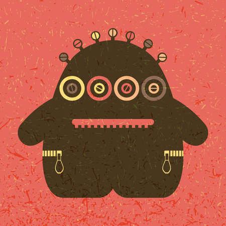 Cute colorful monster on red grunge background. Poster with funny robot. Retro sticker. Cartoon illustrationのイラスト素材