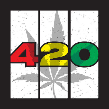 Text 420 with cannabis leaf on color strips and grunge shapes.