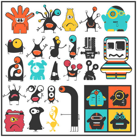 Set of cute monsters isolated on white. Collection of colorful character stickers for different use. Cartoon illustrationのイラスト素材