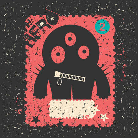 Funny monster with grunge shapes. Cartoon sticker, poster, for different use. vector illustration.のイラスト素材