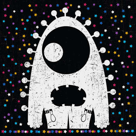 Funny monster with grunge shapes. Cartoon sticker, poster, for different use. vector illustration.のイラスト素材