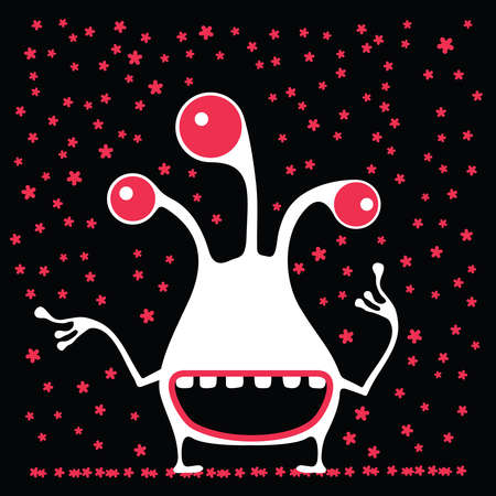 Cute monster is looking at falling color snowflakes.