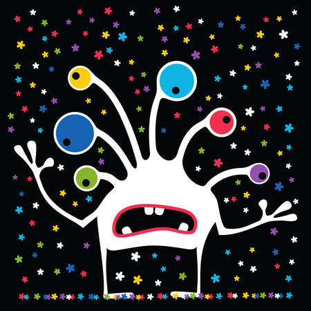 Cute monster is looking at falling color snowflakes.のイラスト素材