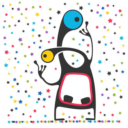 Cute monster is looking at falling color snowflakes. Funny humanoid is happy under soaring shapes of colorful papers.のイラスト素材