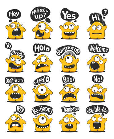Set of sixteen funny yellow personageのイラスト素材