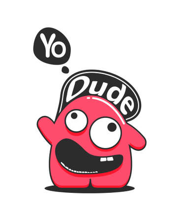 Cute personage standing with text message cloud "Yo" isolated on white.のイラスト素材