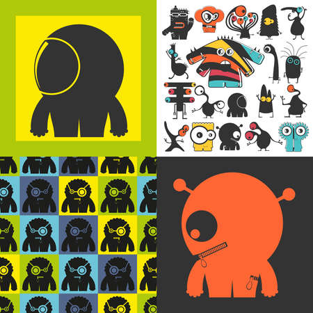 Set of cute monsters. Paper stickers with humanoids. seamless patternのイラスト素材