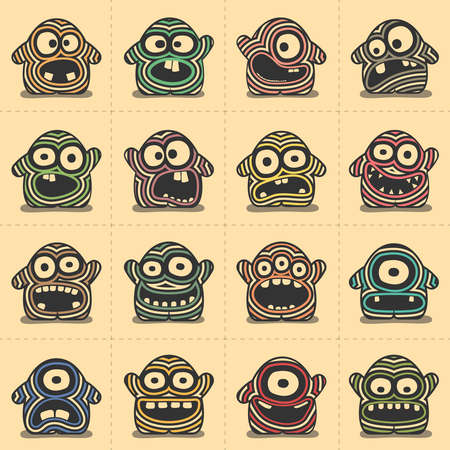 Set of sixteen funny monsters with color strips and crazy emotions, cartoon illustration.のイラスト素材