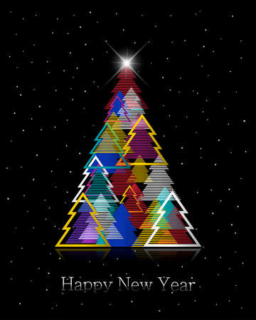 Greeting card with decorative colorful New Year tree and snowflakes.のイラスト素材