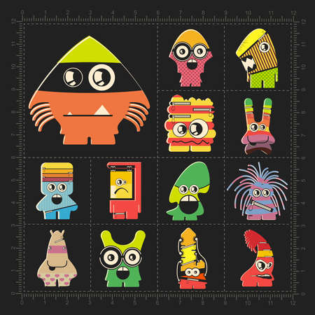 Cute colorful monsters on black. Set of thirteen funny robot stickers for different use. cartoon illustrationのイラスト素材