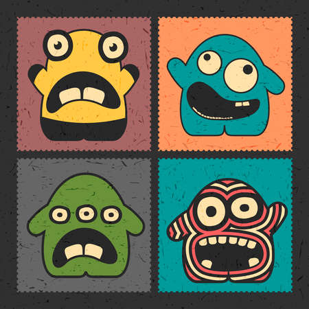 Set of four funny monsters with different emotions on grunge color background. Postage stamp`s with cute colorful robots. cartoon illustrationのイラスト素材