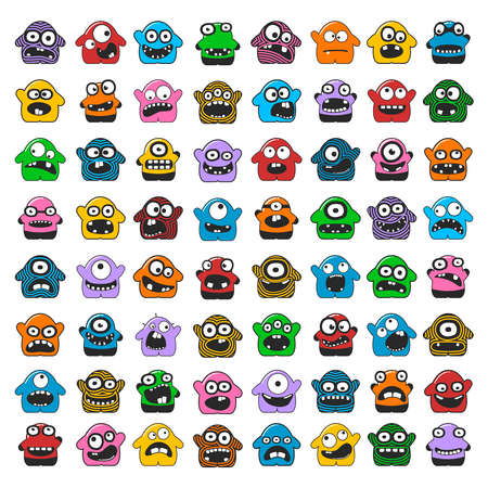 set of cute color monsters with emotions isolated on white. cartoon illustration
