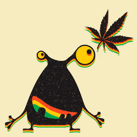 Cute monster with marijuana leaf on grunge yellow backgroundのイラスト素材