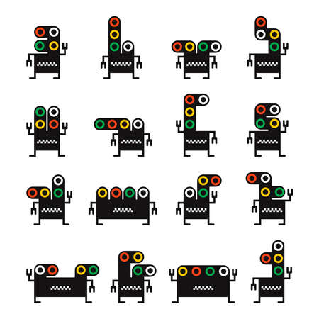 Set of sixteen cute black monsters with different emotions isolated on white. cartoon illustrationのイラスト素材