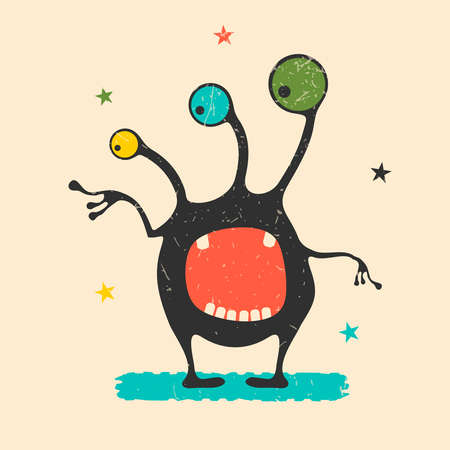 Cute black monster with emotions on retro grungeのイラスト素材