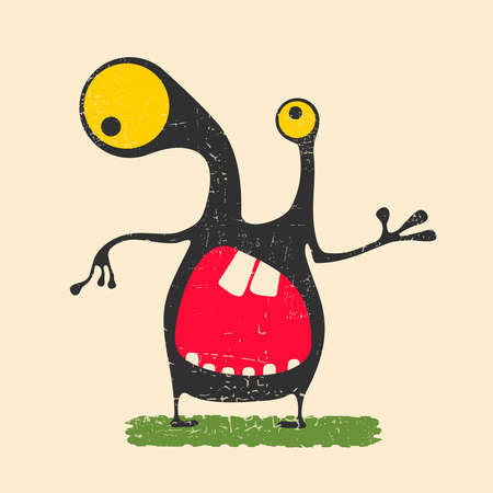 Happy monster with yellow eyes standing on green grass.のイラスト素材