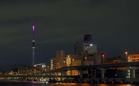 Night view of the eastern side of Sumida River as it passes through central Tokyo, with Tokyo Skytree visibleのeditorial素材