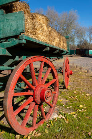 Wooden field cart in autumnal morning in Villa General Belgrano Cordobaの写真素材