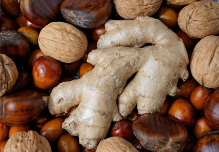 chestnuts, ginger, walnuts and chestnuts as a backgroundの写真素材
