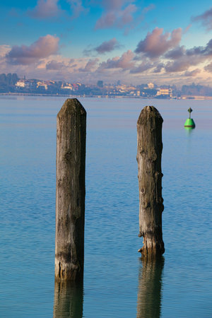 Two wooden poles in the sea with cityscape in the background.
