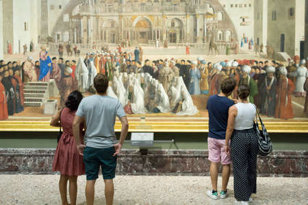 Visitors view art at Pinacoteca di Brera in Milan, Lombardy, Italy. Free admission until autumn 2020 after registration and time.のeditorial素材