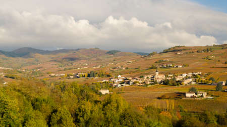 Village of Beaujolais at fall, view of vineyard of famous Julienasの写真素材