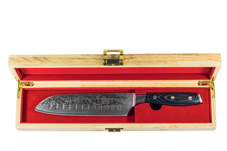 Santoku knife in a wooden box isolated on white backgroundの写真素材