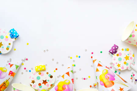 Festive background with place for text. Birthday decorations. Birthday party. Blank for a Birthday card. Holiday decorations on white background.の写真素材