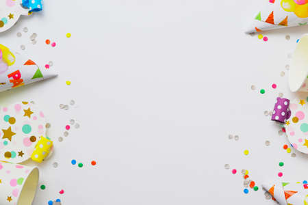 Festive background with place for text. Birthday decorations. Birthday party. Blank for a Birthday card. Holiday decorations on white background. High quality photoの写真素材