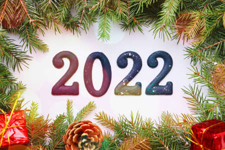 New Year 2022. Happy New Year 2022. Christmas decoration on a white background. Christmas car 2022. Christmas tree branchの写真素材