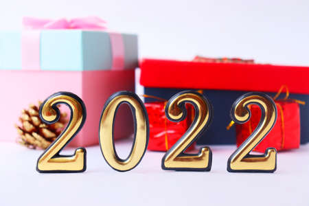 New Year 2022. Happy New Year 2022. Christmas decoration on a white background. Christmas car 2022. Christmas tree branchの写真素材