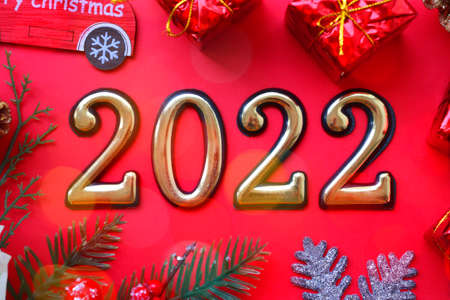 New Year 2022. Happy New Year 2022. Christmas decoration on a white background. Christmas car 2022. Christmas tree branchの写真素材