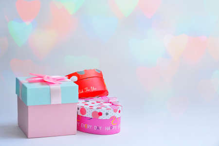 Gift for valentines day with place fot text. Love background. International womens day. Mothers day. Gif box on a pink backgroundの写真素材