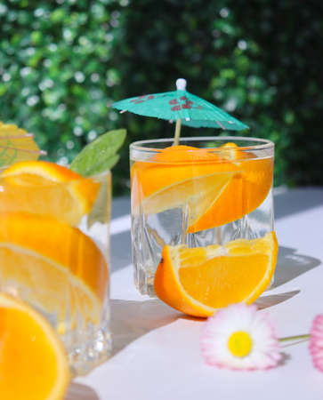 A summer refreshing drink. Alcoholic drink with lemon. Healthy lifestyle. Water with lemon and mintの写真素材