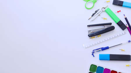 School layout with place for text. School supplies on a white background. Back to school. . High quality photoの写真素材