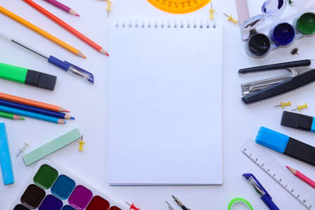 School layout with place for text. School supplies on a white background. Back to school. . High quality photoの写真素材