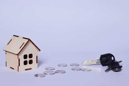 Buying a new home. Layout on the topic of mortgage. Key mortgage rates. House for sale. Moving to a new place of rasidence.の写真素材