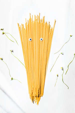 group of spaghetti italian pasta on white background,minimal abstract conceptの写真素材