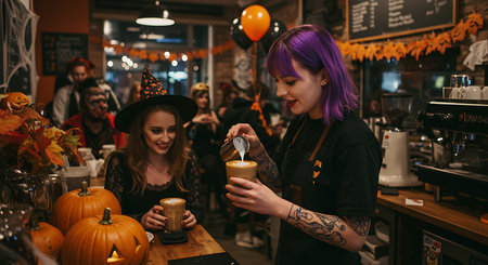 Beautiful girl with purple hair in a witch's hat and with tattoos on her hands is preparing for Halloween.の素材