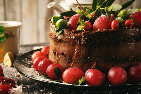 Chocolate cake with grapesの写真素材