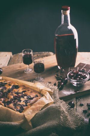 fresh cherry pie with chocolate and liqueurの写真素材