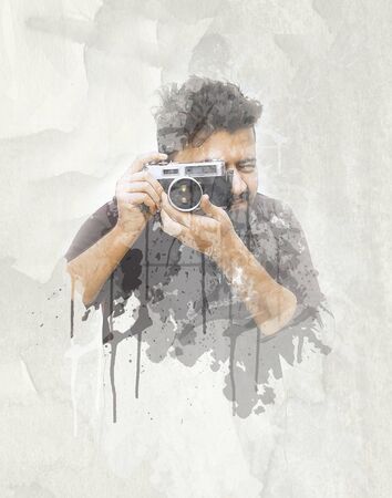 Water color effect - Close up portrait of a photographer guy holding vintage cameraの写真素材