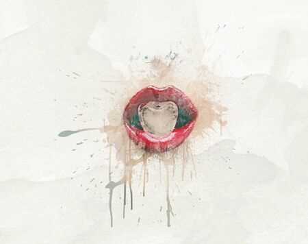 Glamour Portrait - Red Lip holding heart shape ice - Water color effectの写真素材